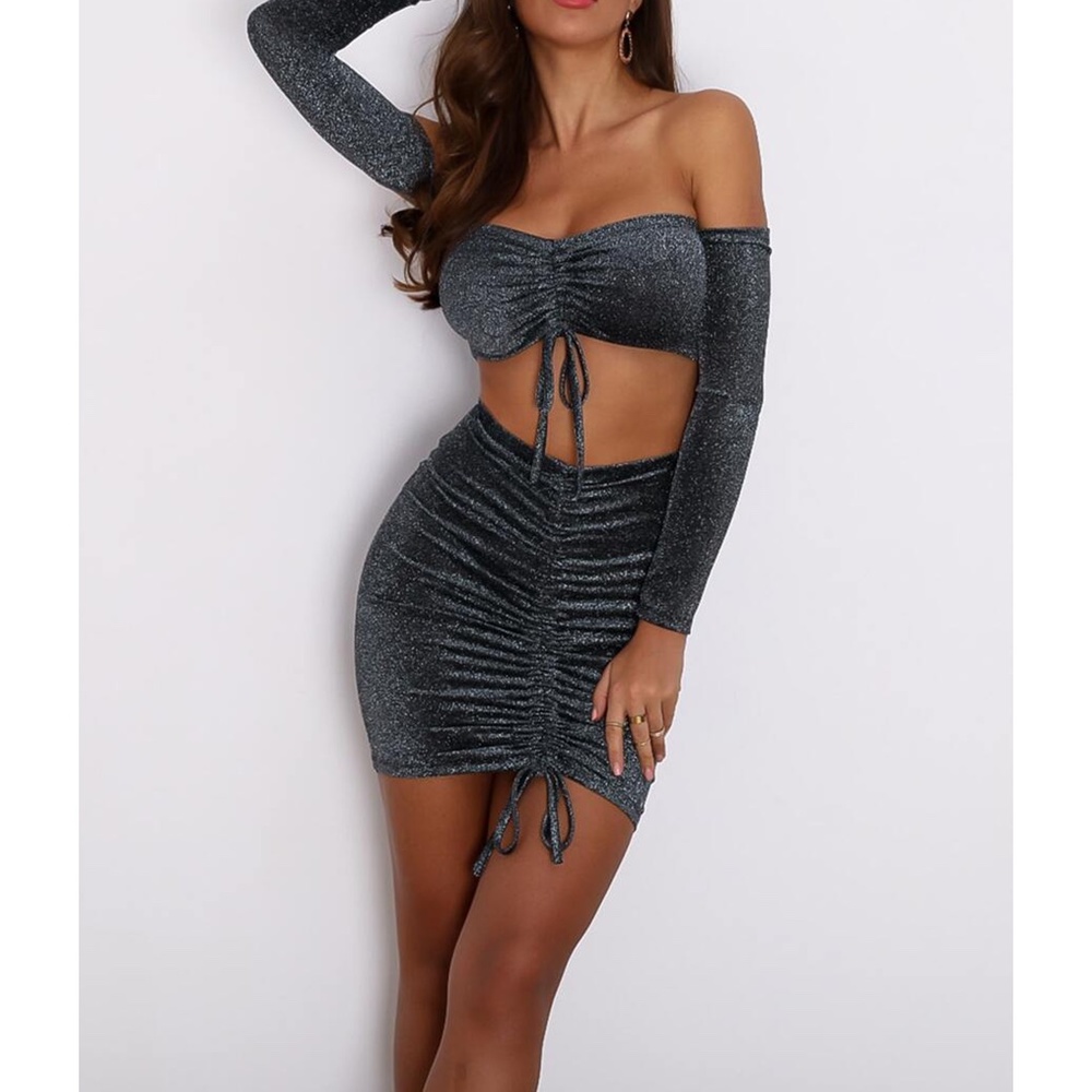 Grey Silver Glitter Drawstring Two Piece Skirt Set
